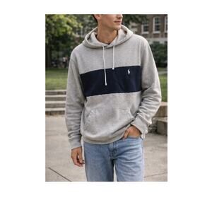 Polo Ralph Lauren Fleece Hoodie Gray Navy Stripe Pony Logo XL